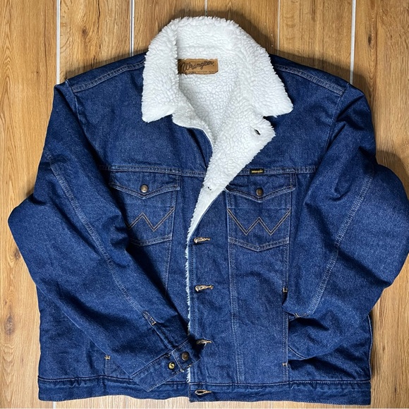 Vintage Wrangler Authentic Cowboy Denim Sherpa Lined Jacket XL M-159 70s 80s - Picture 1 of 11